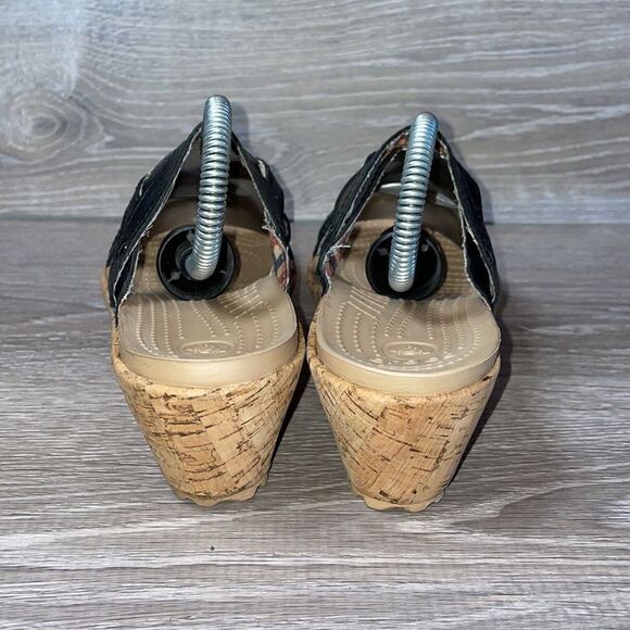 Crocs A-Leigh Cork Wedge Black Leather Strappy Women’s Size 9 Slip On Sandals - Picture 4 of 10